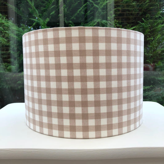 Dark linen coloured gingham-patterned lampshade, adding a touch of rustic charm to any space.
