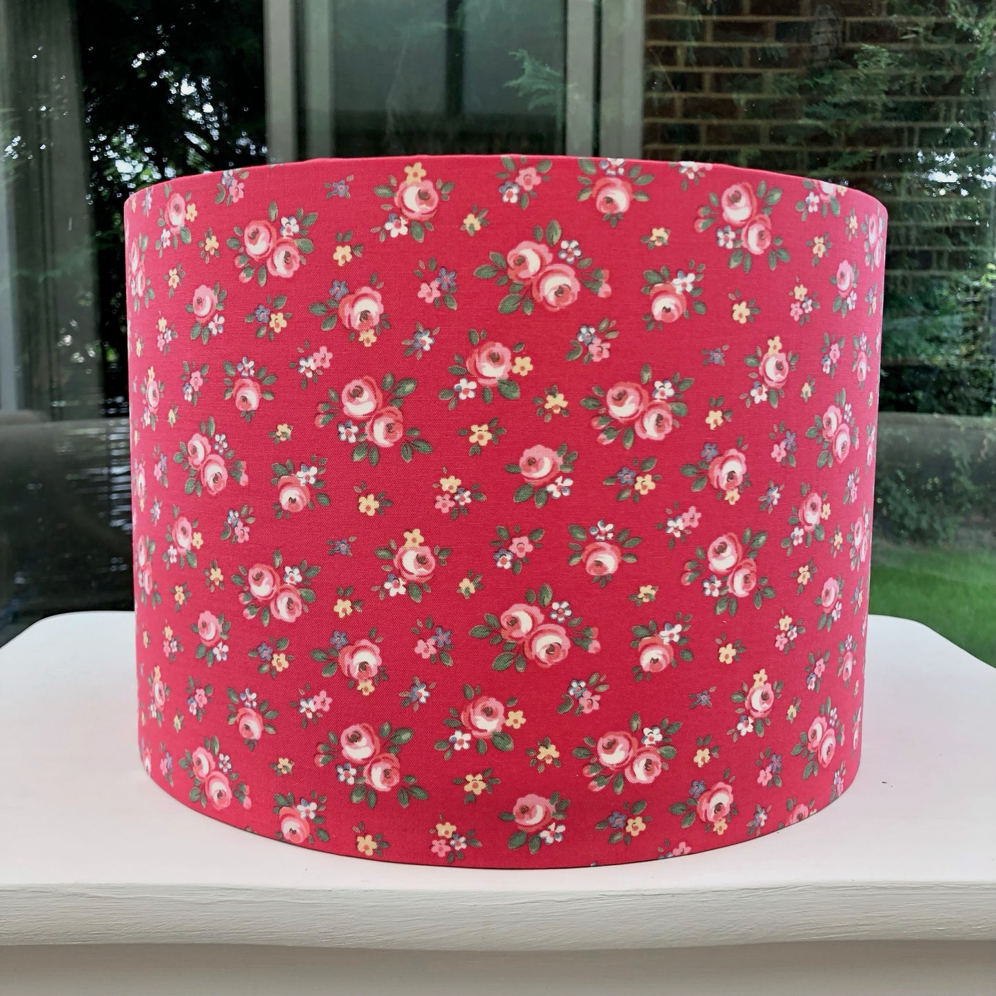 Luxury red floral lampshade with Kensington Rose design, handcrafted for vintage-inspired home decor and perfect for table lamps or ceiling lights.