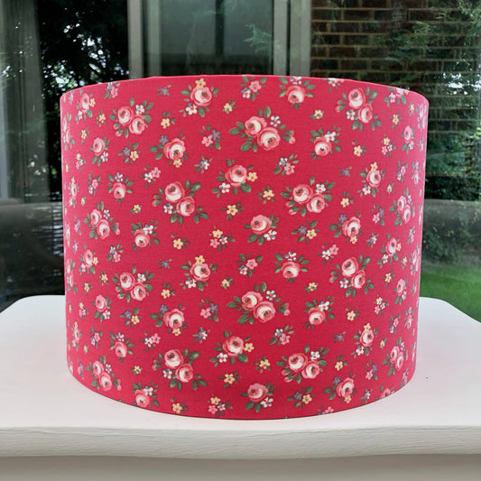 Luxury red floral lampshade with Kensington Rose design, handcrafted for vintage-inspired home decor and perfect for table lamps or ceiling lights.