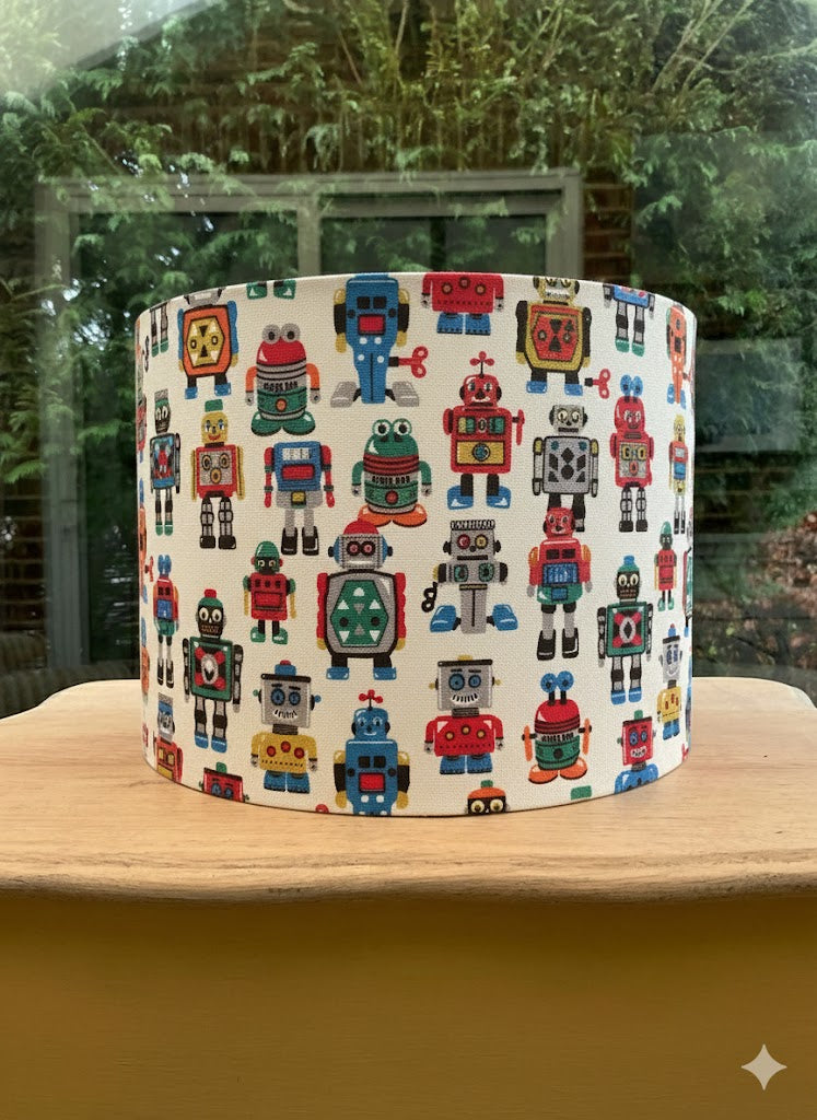 Retro Robots Drum Lampshade | Colourful Robot Print for Kids’ Rooms