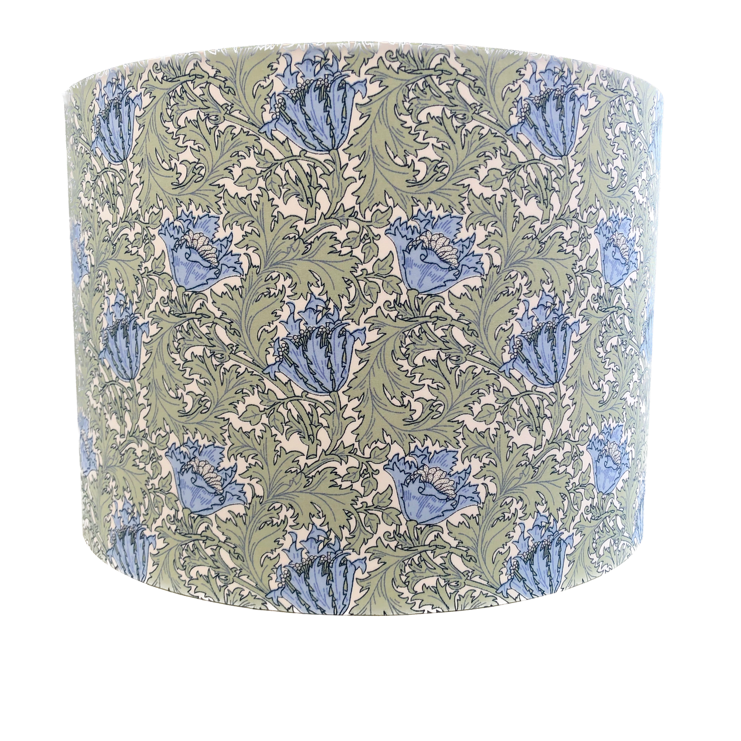 William Morris Anemone lampshade in green and blue, showcasing a classic floral design. Handcrafted with intricate patterns, perfect for adding vintage charm and elegance to any room decor.