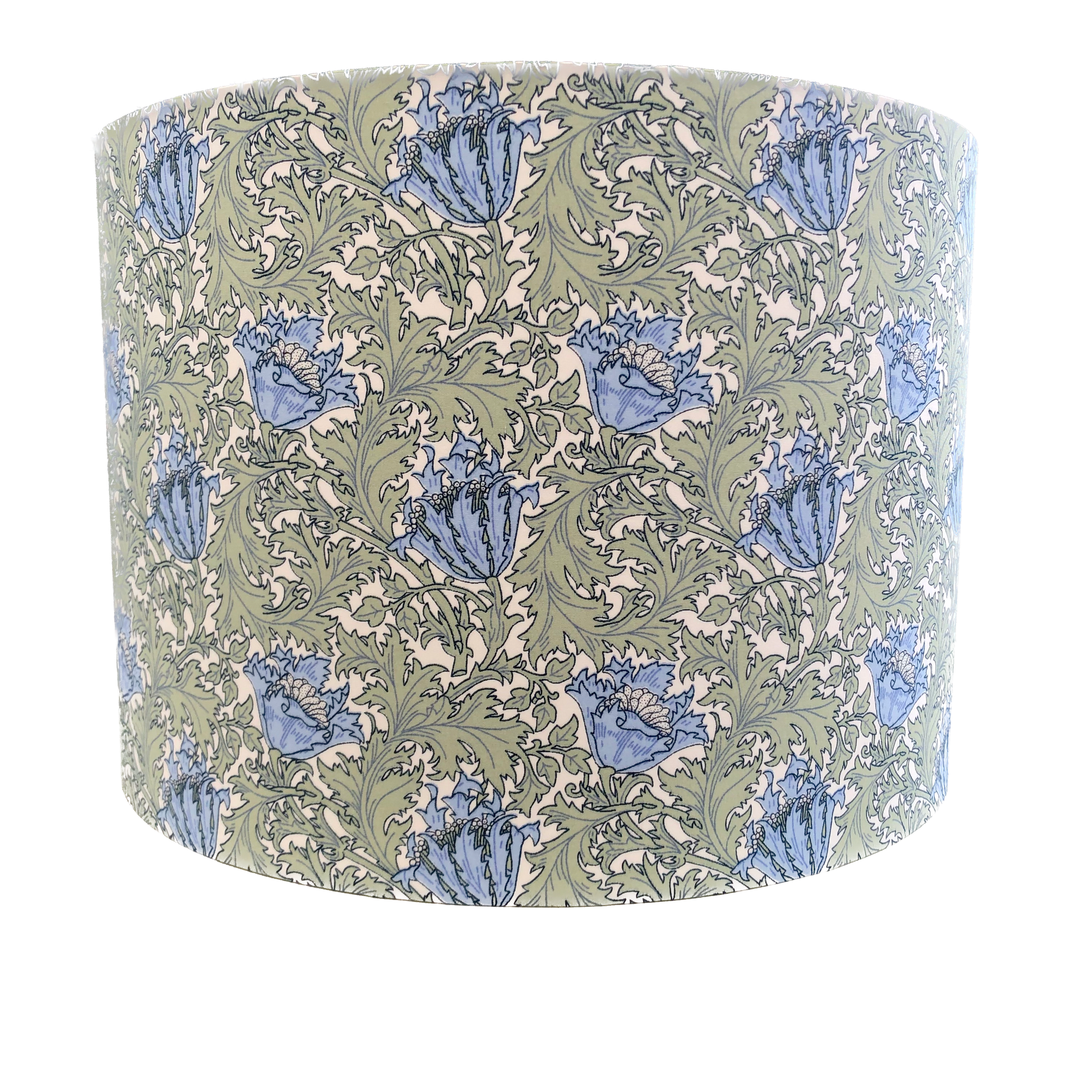William Morris Anemone lampshade in green and blue, showcasing a classic floral design. Handcrafted with intricate patterns, perfect for adding vintage charm and elegance to any room decor.