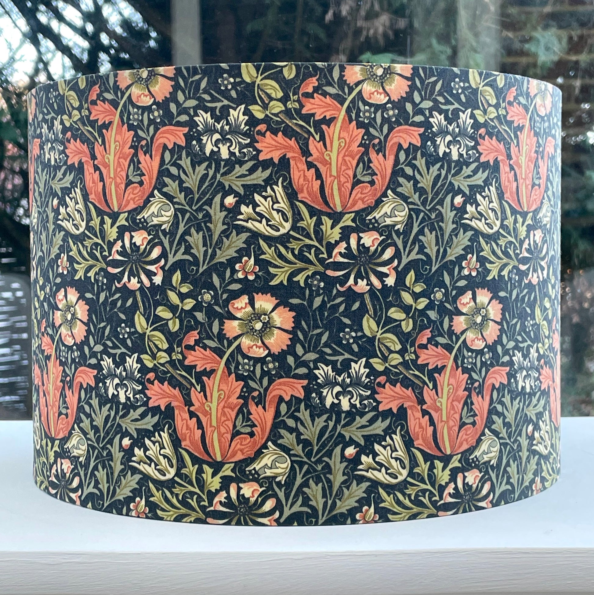 William Morris Compton lampshade in cinnamon slate color with intricate floral pattern, handcrafted for vintage-inspired home decor.