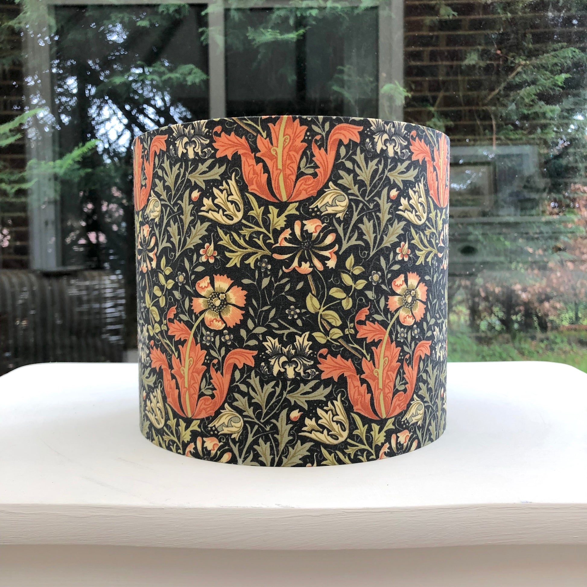 William Morris Compton lampshade in cinnamon slate color with intricate floral pattern, handcrafted for vintage-inspired home decor.
