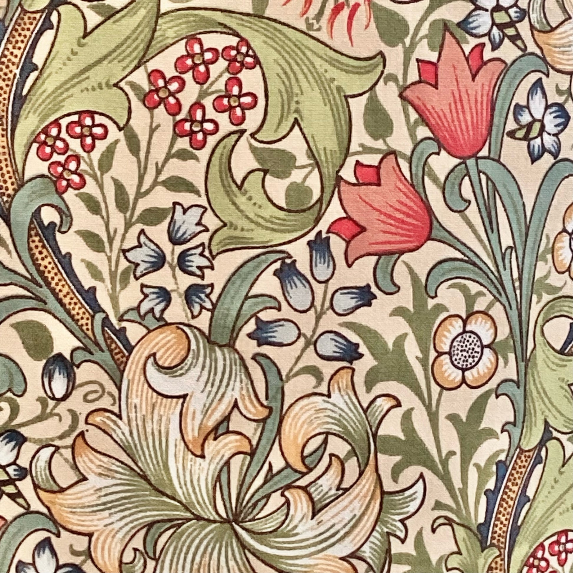 William Morris Golden Lily lampshade featuring a rich, vintage floral design with golden hues, perfect for adding a touch of classic elegance to any room decor.