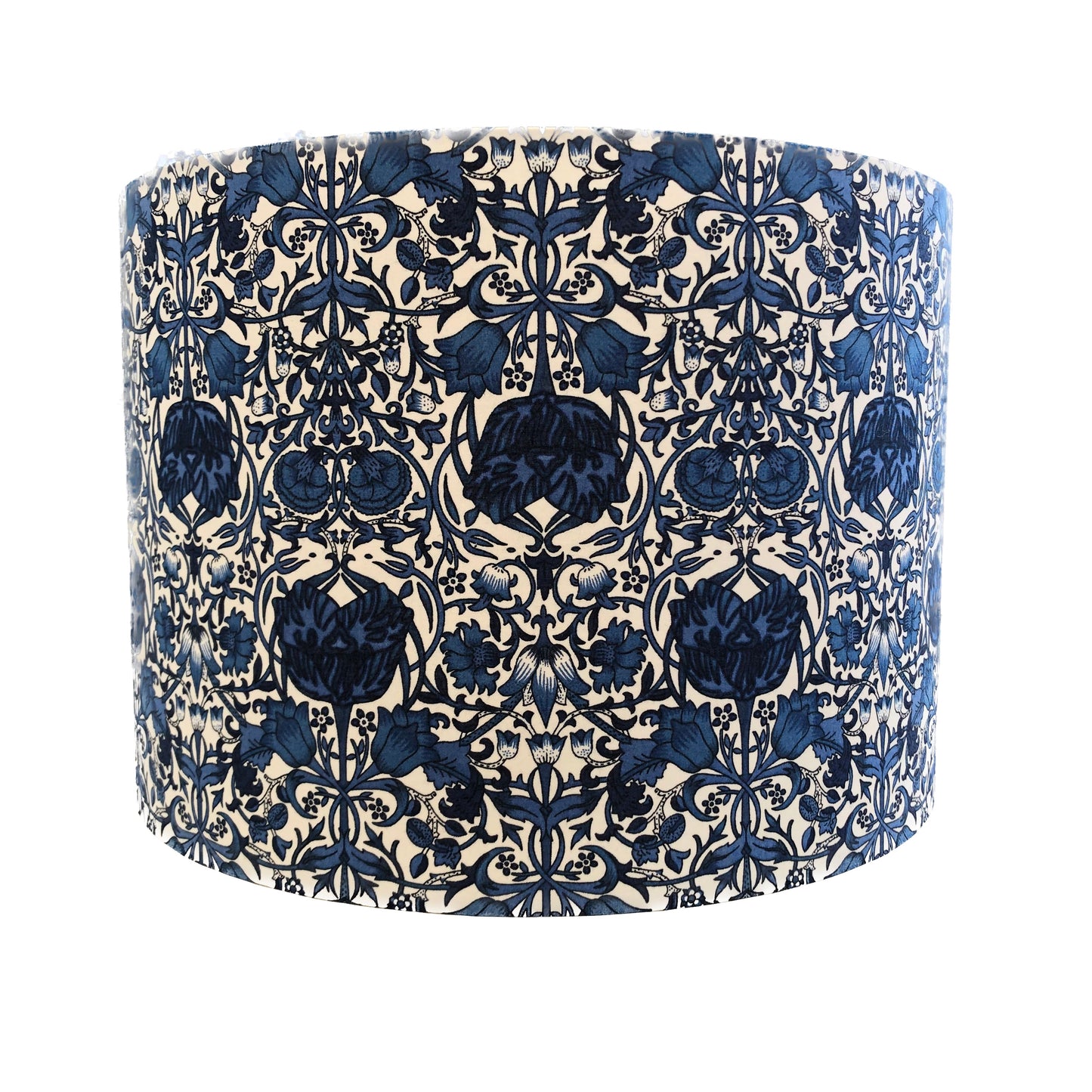 William Morris Lodden Navy Blue lampshade with intricate floral design, handcrafted for a timeless, sophisticated look. Perfect for adding vintage charm and elegance to your home decor.