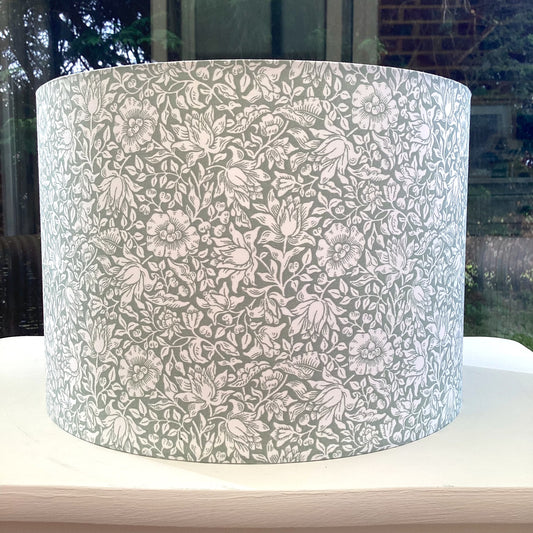 Handcrafted William Morris Mallow Sage lampshade with a timeless botanical design, perfect for adding vintage charm and sophistication to your home decor.