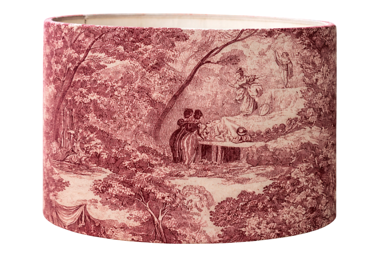 Burgundy Toile Scenic Drum Lampshade, Country Cottage Style