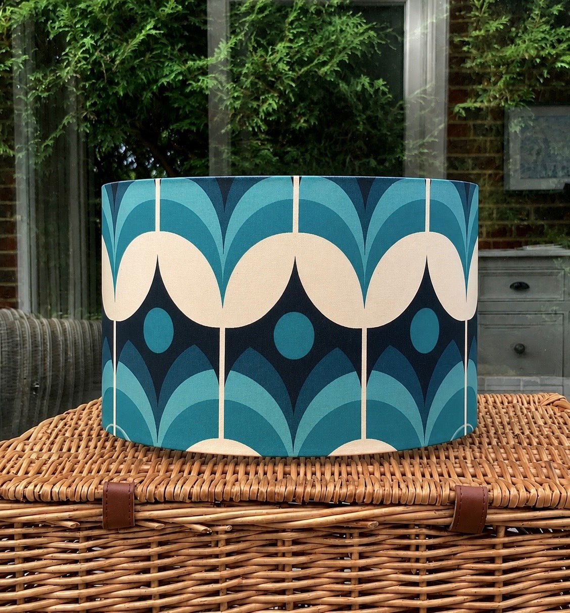 Retro Teal Geometric Lampshade – Mid-Century Modern Statement Piece