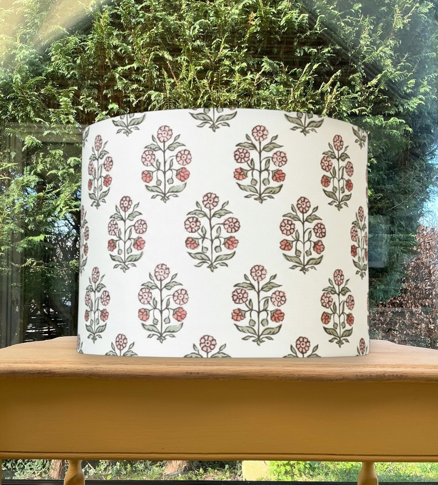 Floral Hand Block Print Inspired Drum Lampshade - Ivory/Rose Pink