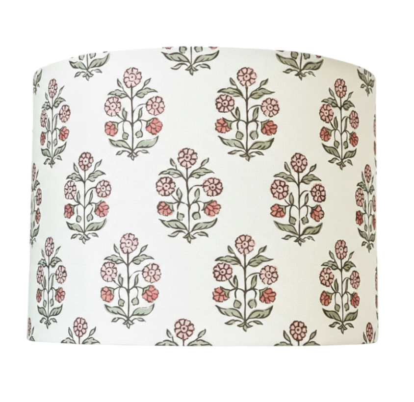Floral Hand Block Print Inspired Drum Lampshade - Ivory/Rose Pink