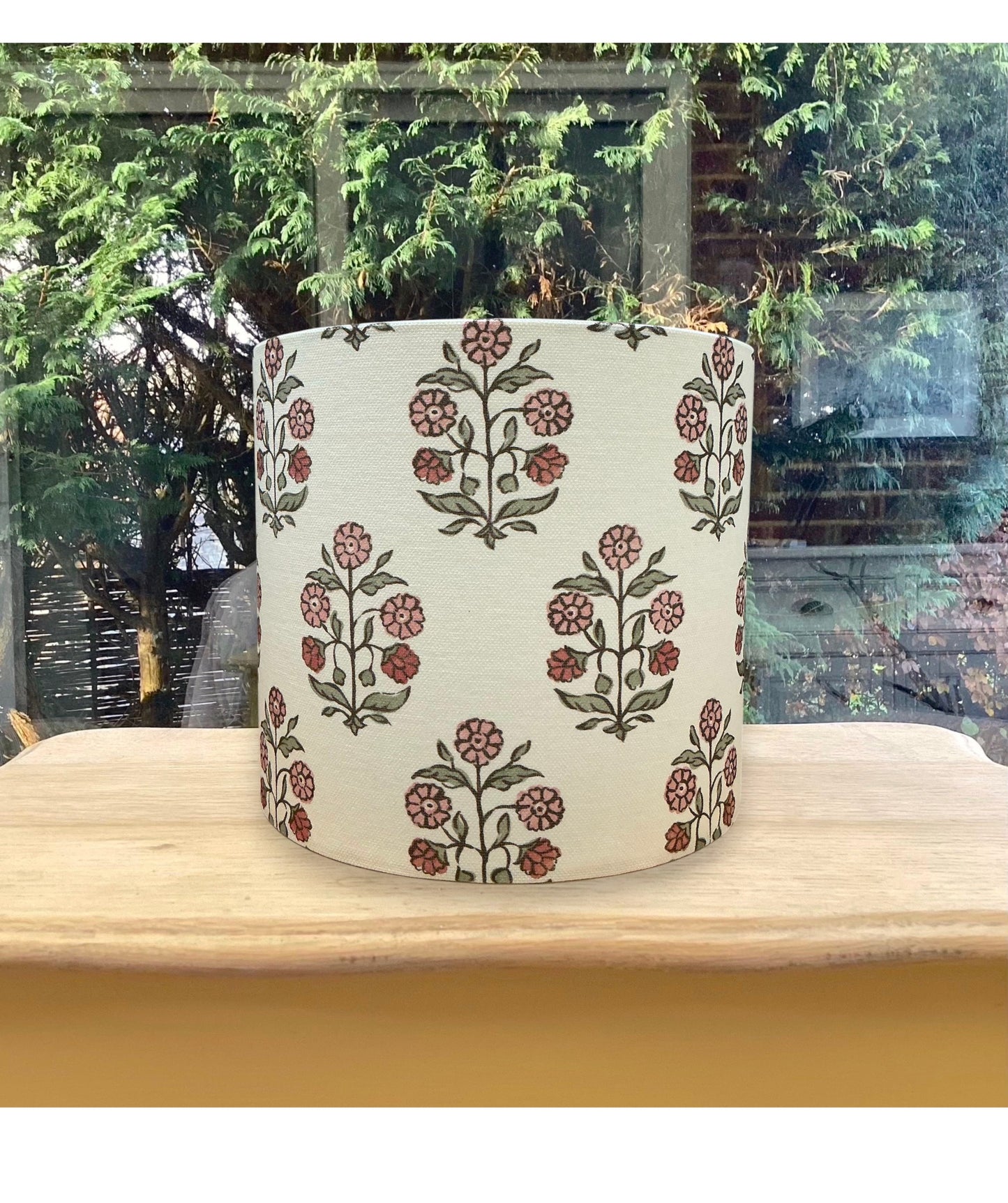 Floral Hand Block Print Inspired Drum Lampshade - Ivory/Rose Pink