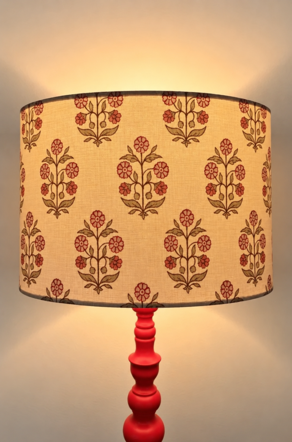 Floral Hand Block Print Inspired Drum Lampshade - Ivory/Rose Pink