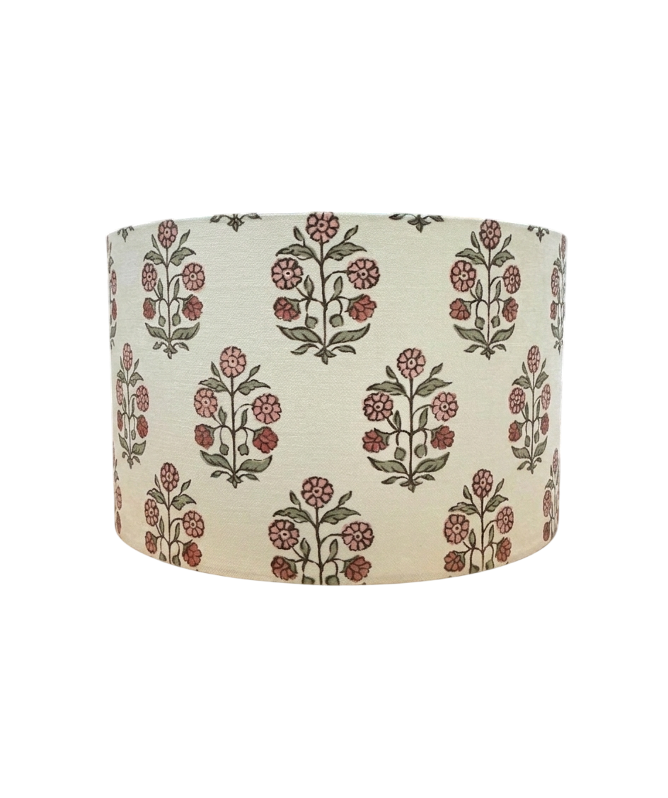 Floral Hand Block Print Inspired Drum Lampshade - Ivory/Rose Pink