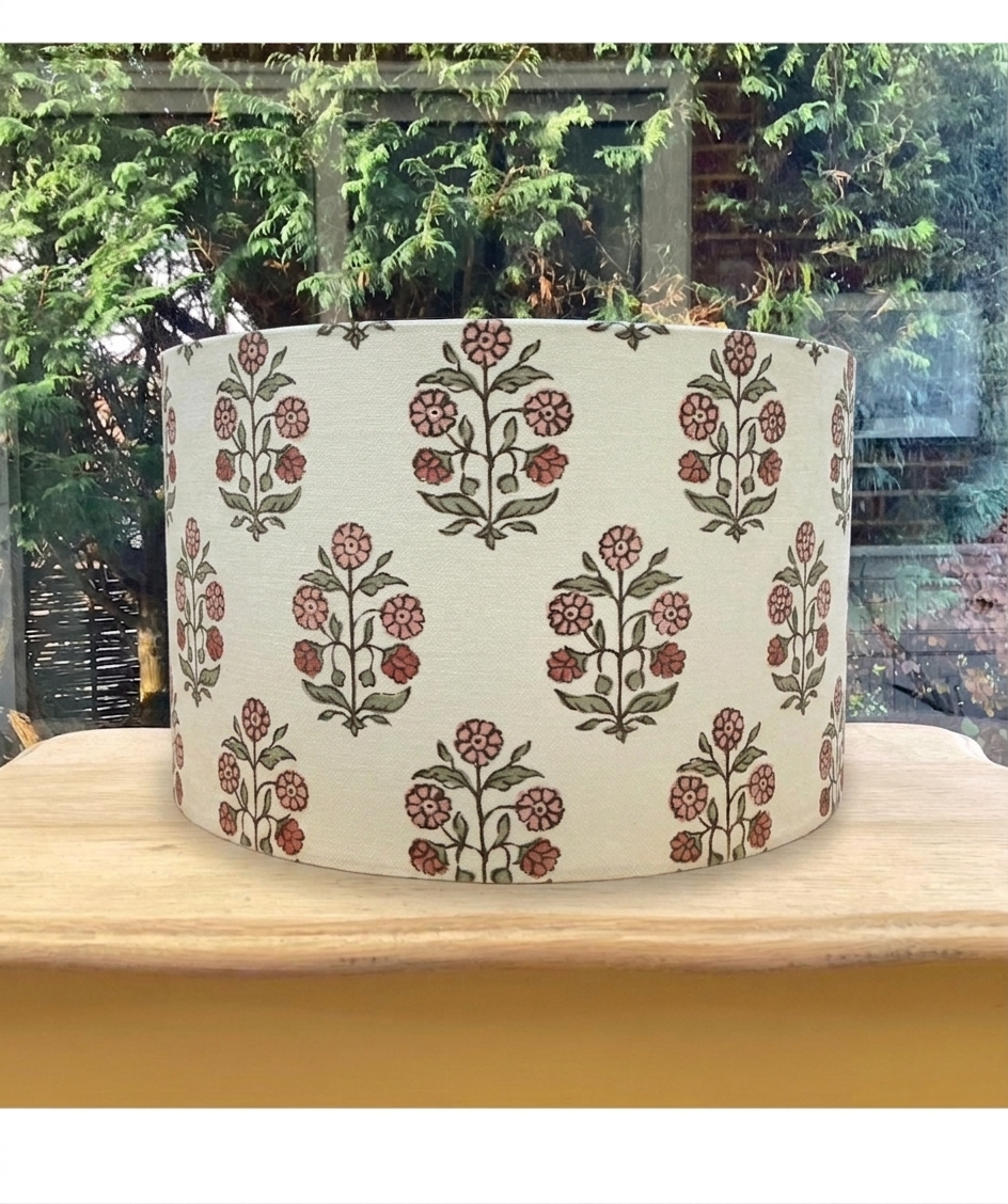Floral Hand Block Print Inspired Drum Lampshade - Ivory/Rose Pink