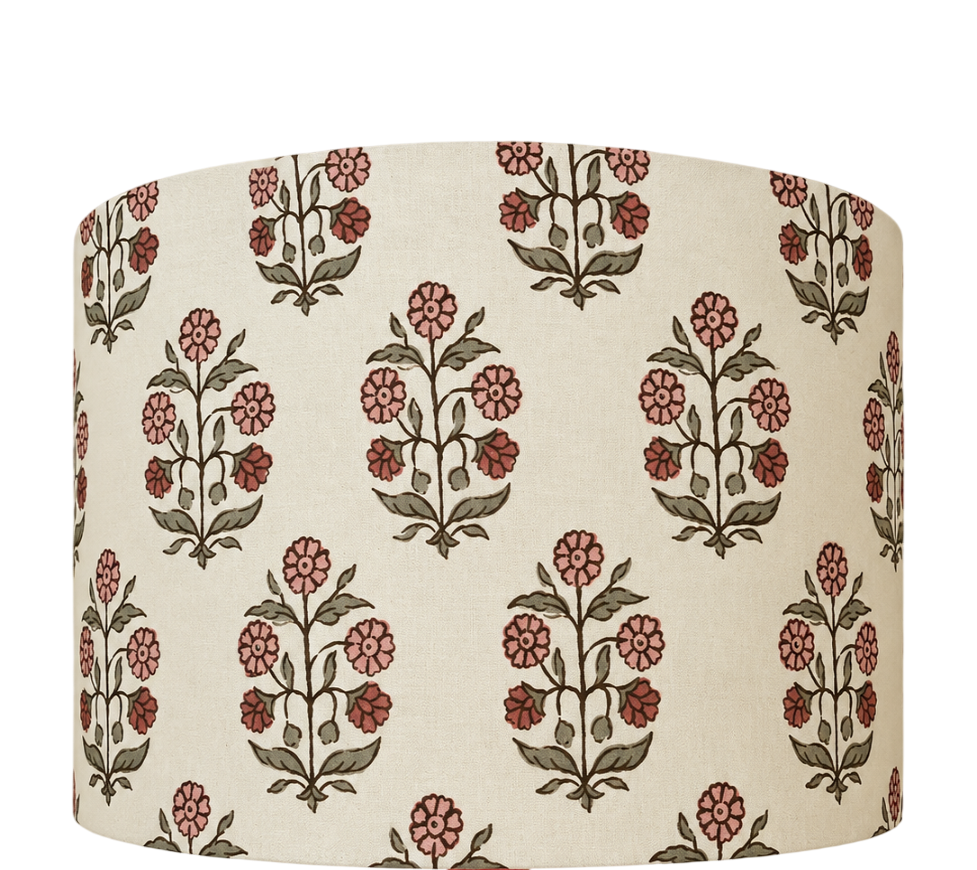 Floral Hand Block Print Inspired Drum Lampshade - Ivory/Rose Pink