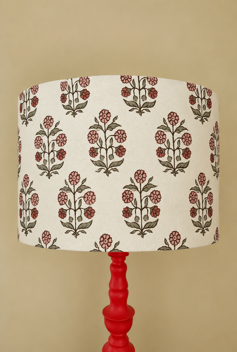 Floral Hand Block Print Inspired Drum Lampshade - Ivory/Rose Pink