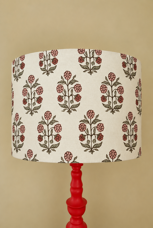 Floral Hand Block Print Inspired Drum Lampshade - Ivory/Rose Pink