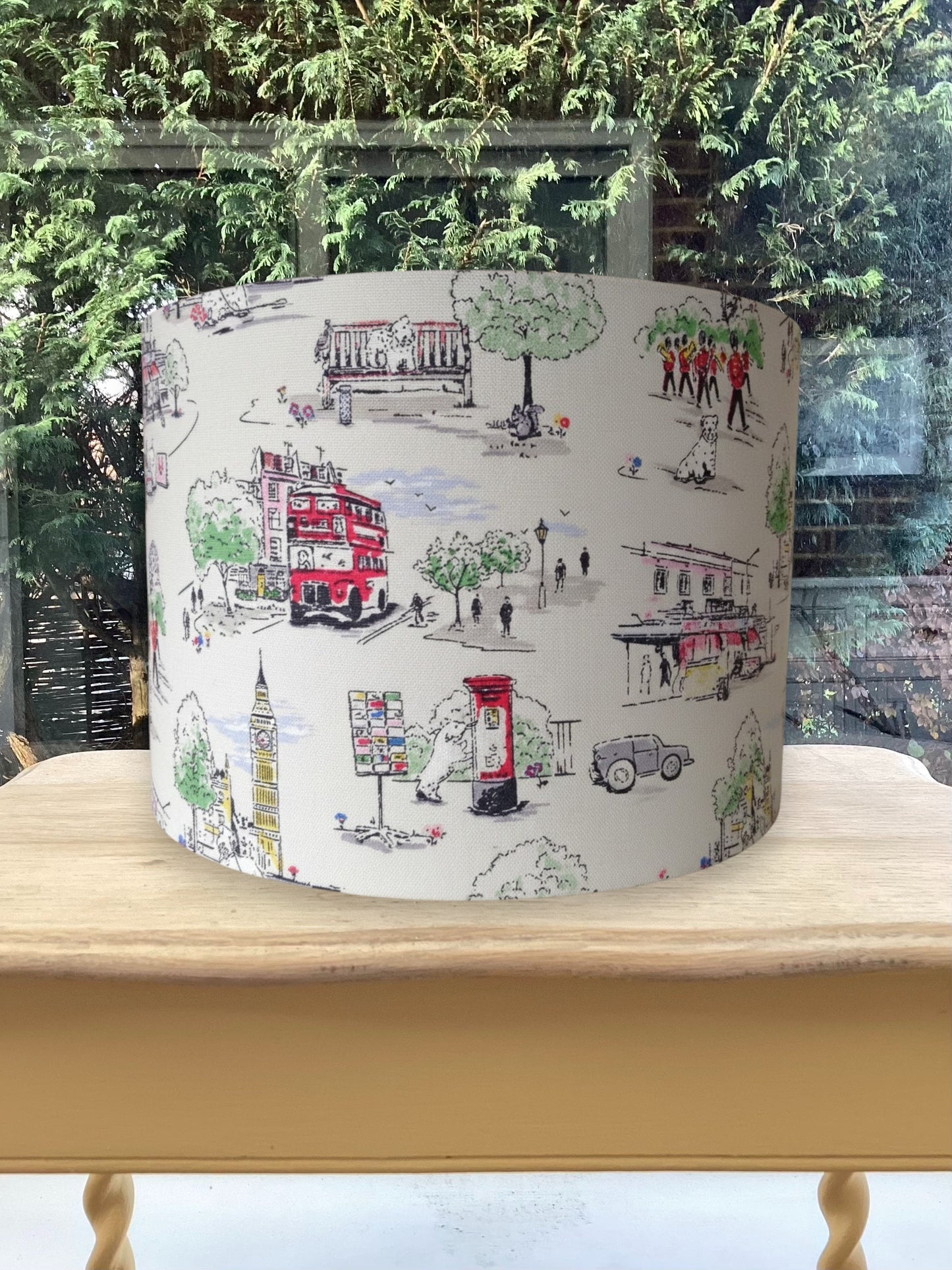 London Scene Drum Lampshade | Red Bus & City Scene Print