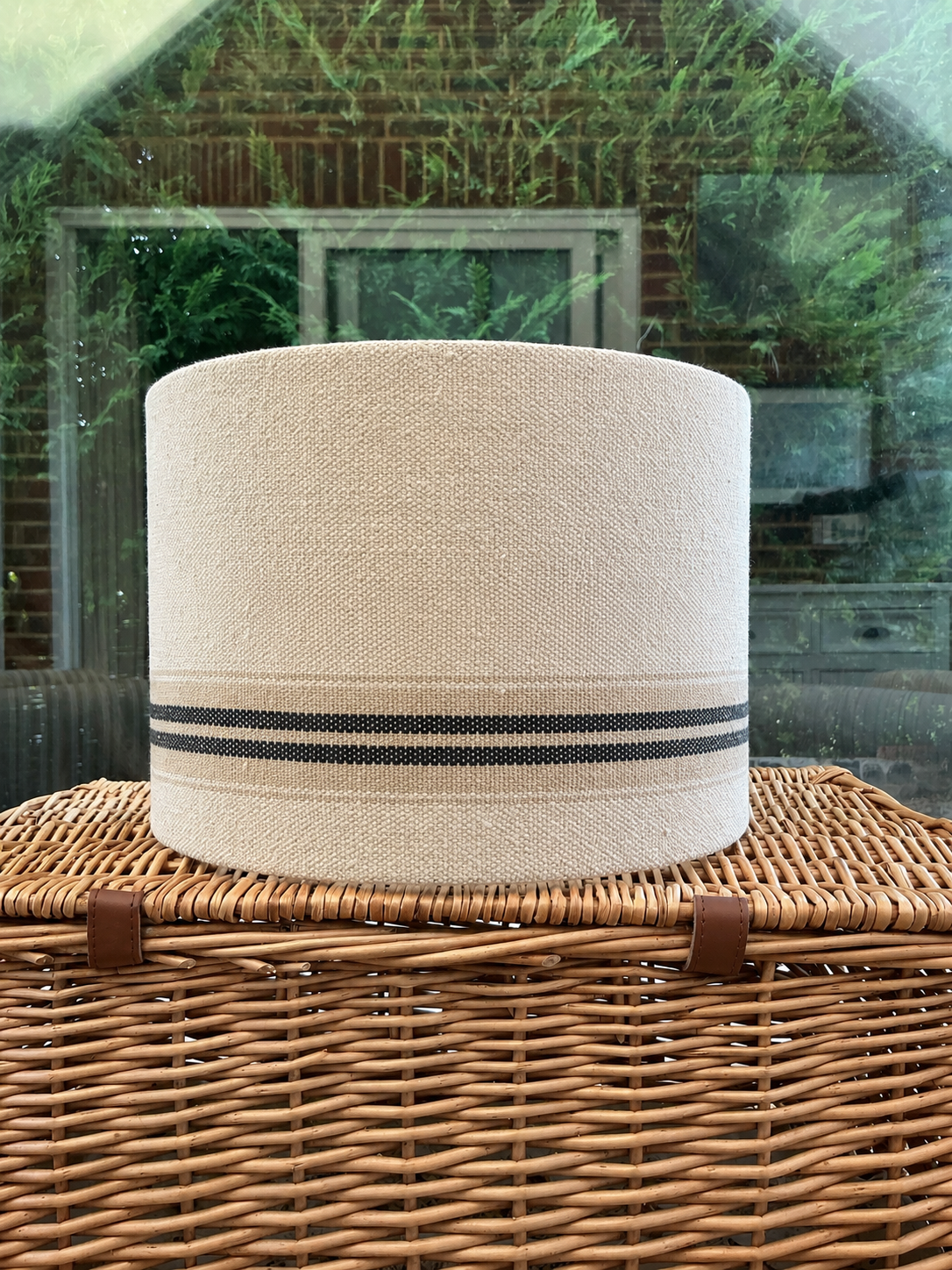Grain Sack Linen Lampshade Black and Tan Stripes Natural Oatmeal Cream