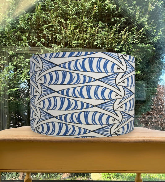 Blue Fish Lampshade / Ceiling Shade Option Nautical Sardine Print Coastal Drum