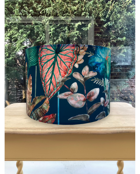 Botanical Velvet Lampshade in Bold Green Pink Red Colours