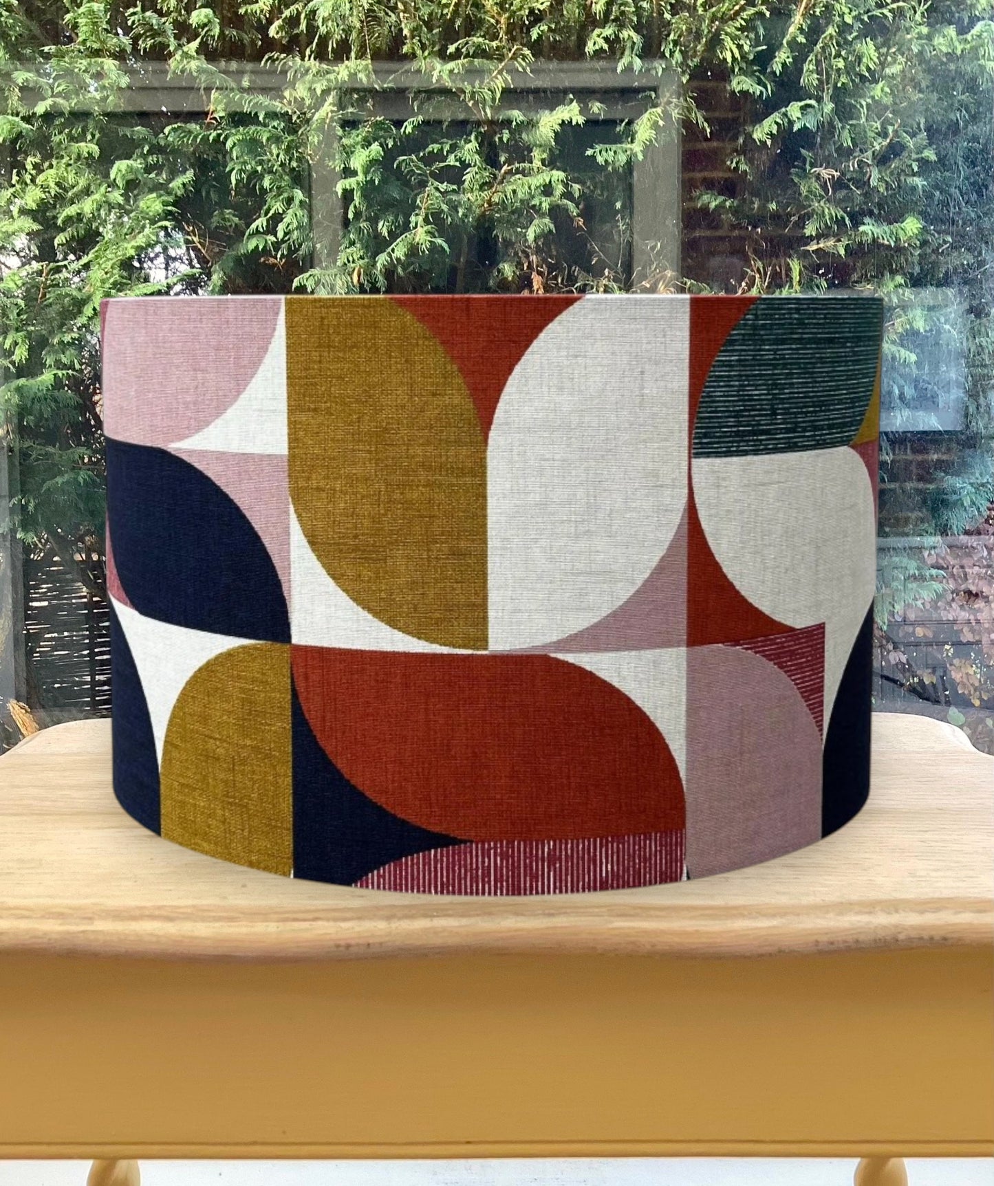 Handmade Geometric Drum Lampshade – Mid Century Modern Fabric Shade in Mustard, Rust, Blush & Navy