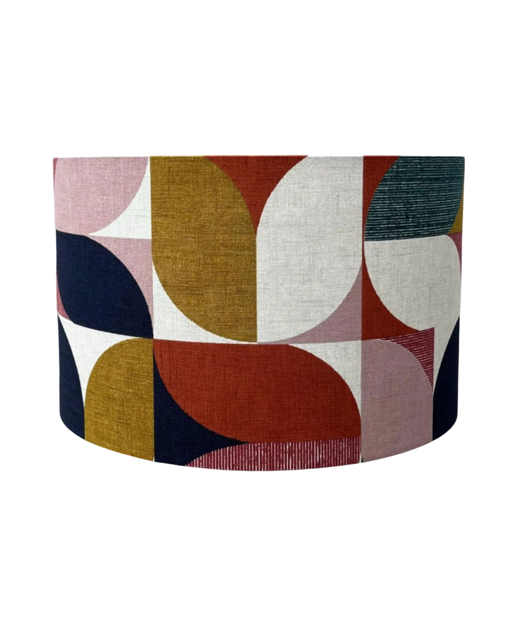 Handmade Geometric Drum Lampshade – Mid Century Modern Fabric Shade in Mustard, Rust, Blush & Navy
