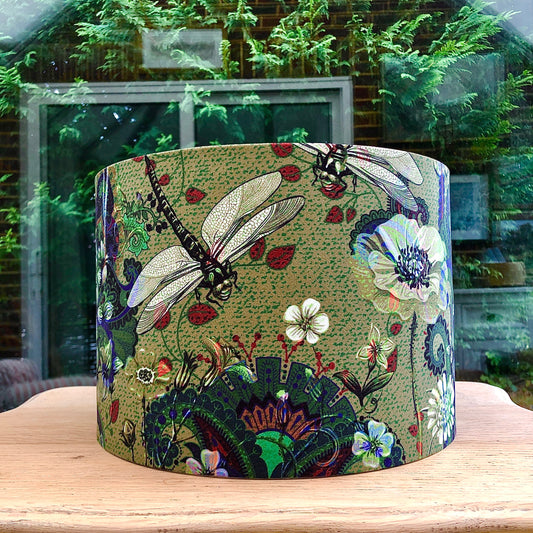 Dragonfly Velvet Lampshade in Soft Green Colours