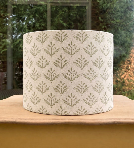 Green Botanical Block Print Lampshade – Sage Leaf Pattern