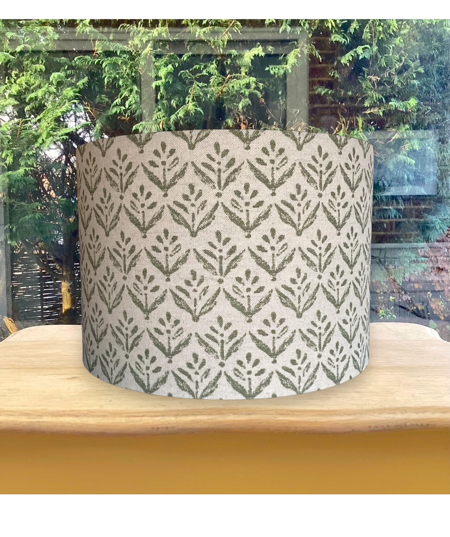 Green Botanical Block Print Lampshade – Sage Leaf Pattern