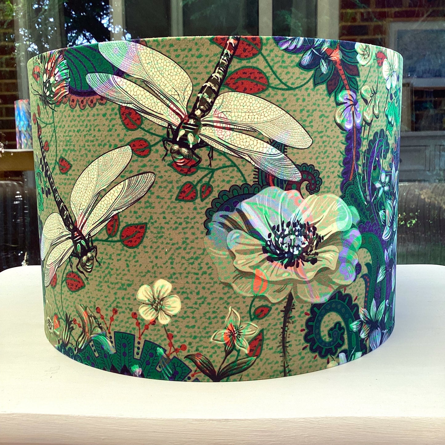 Dragonfly Velvet Lampshade in Soft Green Colours