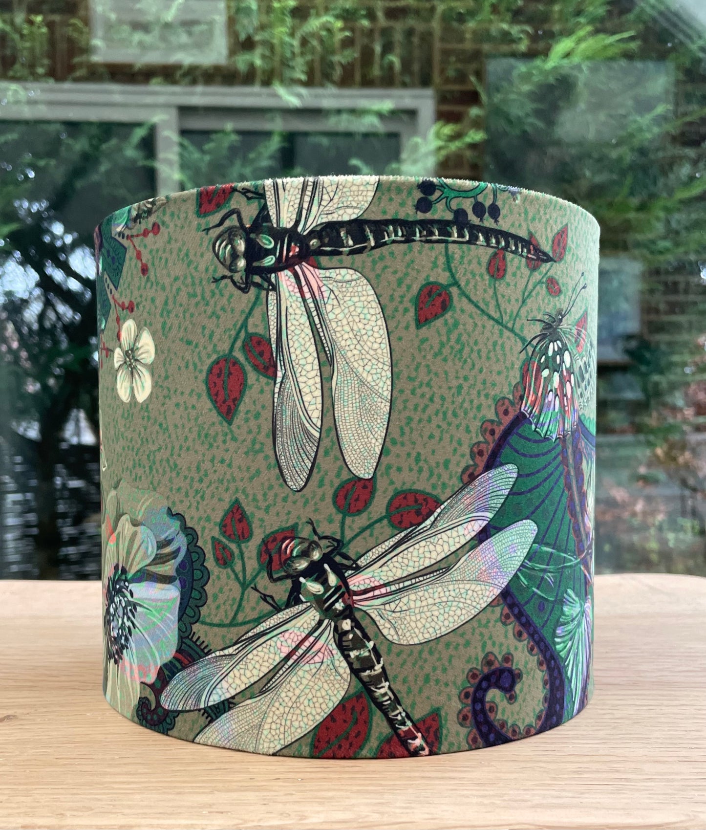Dragonfly Velvet Lampshade in Soft Green Colours