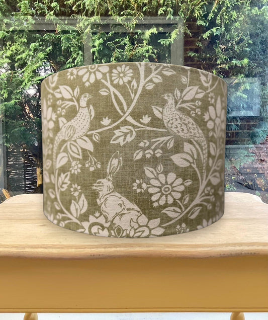 Heathland Moss, Hares and Pheasants, Handmade Drum lampshade