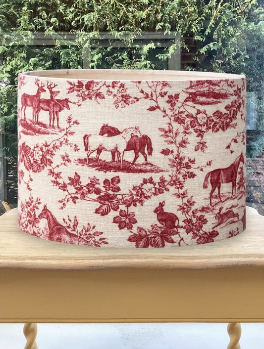 Red Toile Horse & Deer Linen Drum Lampshade – Country Woodland Print, Handmade Style