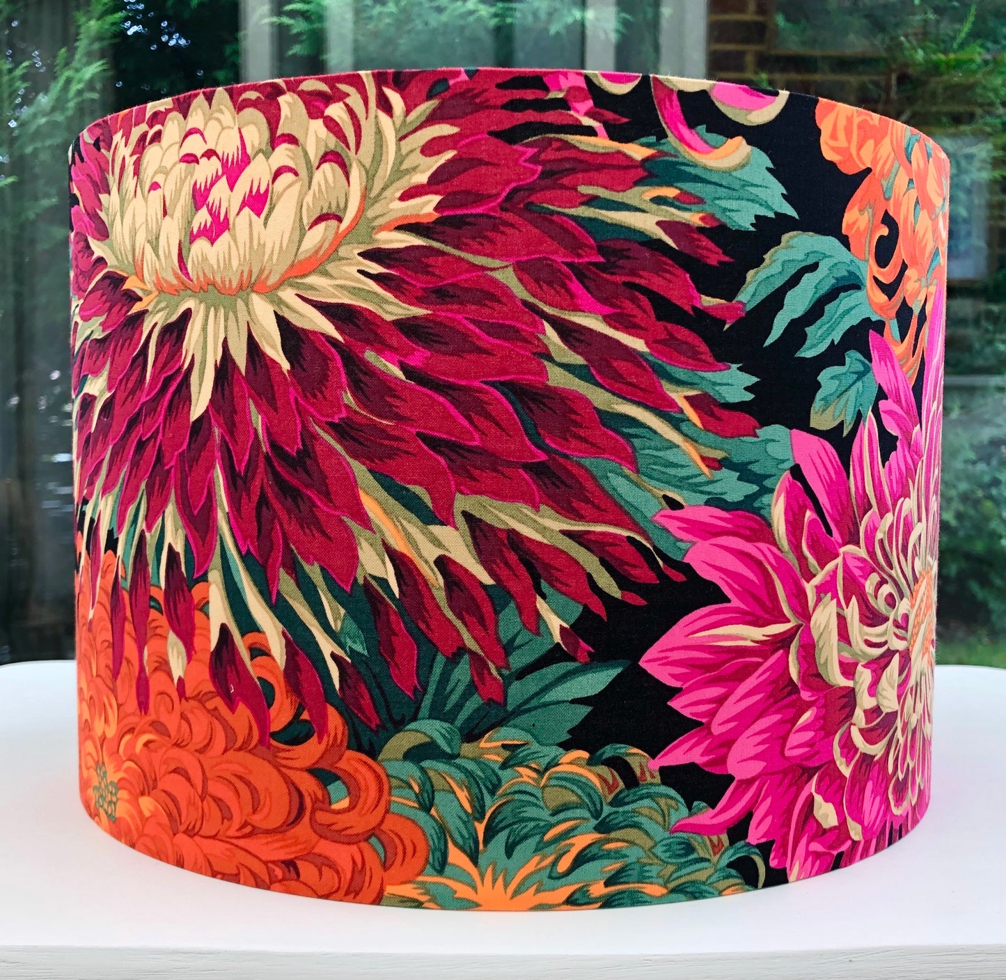 Colorful Kaffe Fassett designer fabric lampshade with bold patterns and vibrant hues, perfect for adding a statement piece to your home decor.