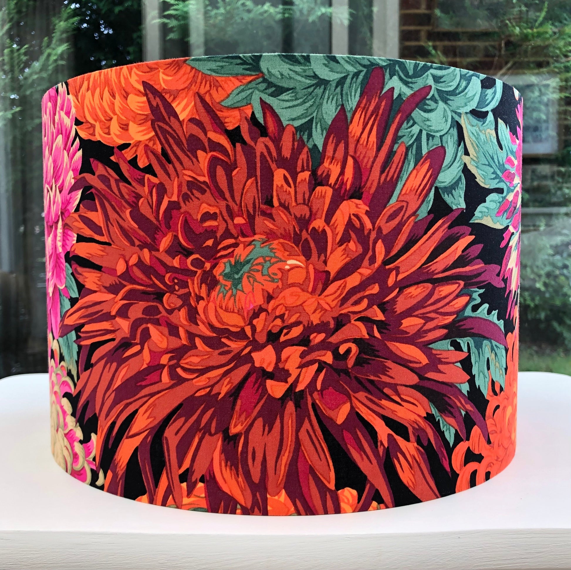 Colorful Kaffe Fassett designer fabric lampshade with bold patterns and vibrant hues, perfect for adding a statement piece to your home decor.