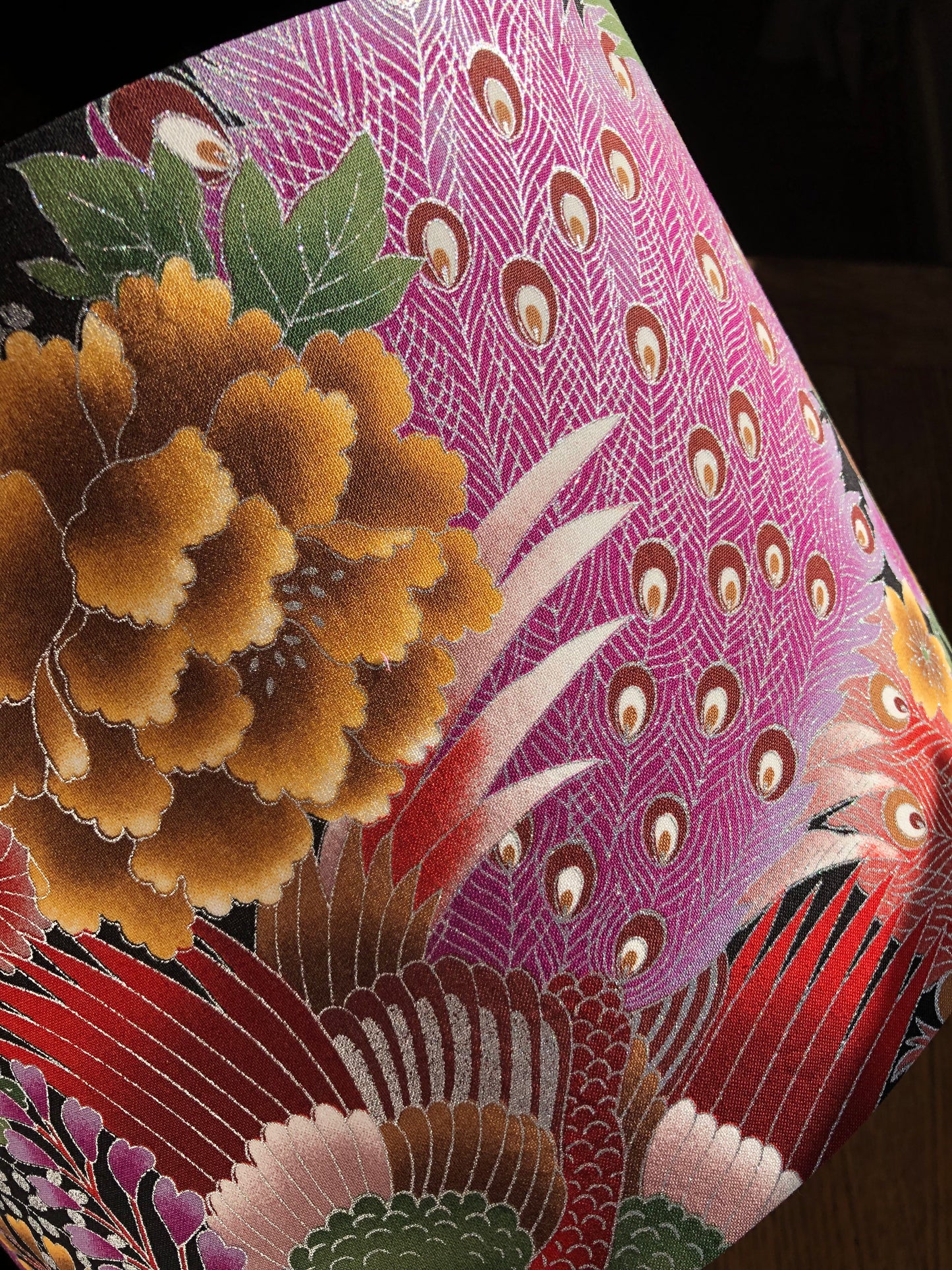 Japanese Peacock Lampshade with Gold and Silver foil details.
