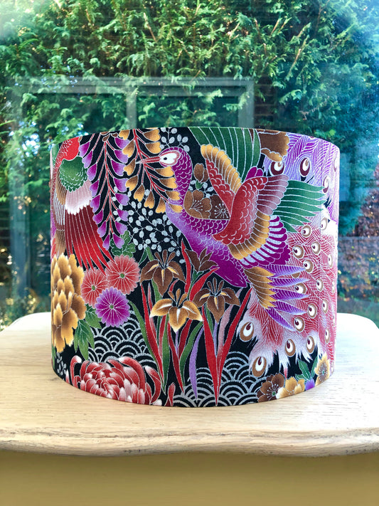 Japanese Peacock Lampshade with Gold and Silver foil details.