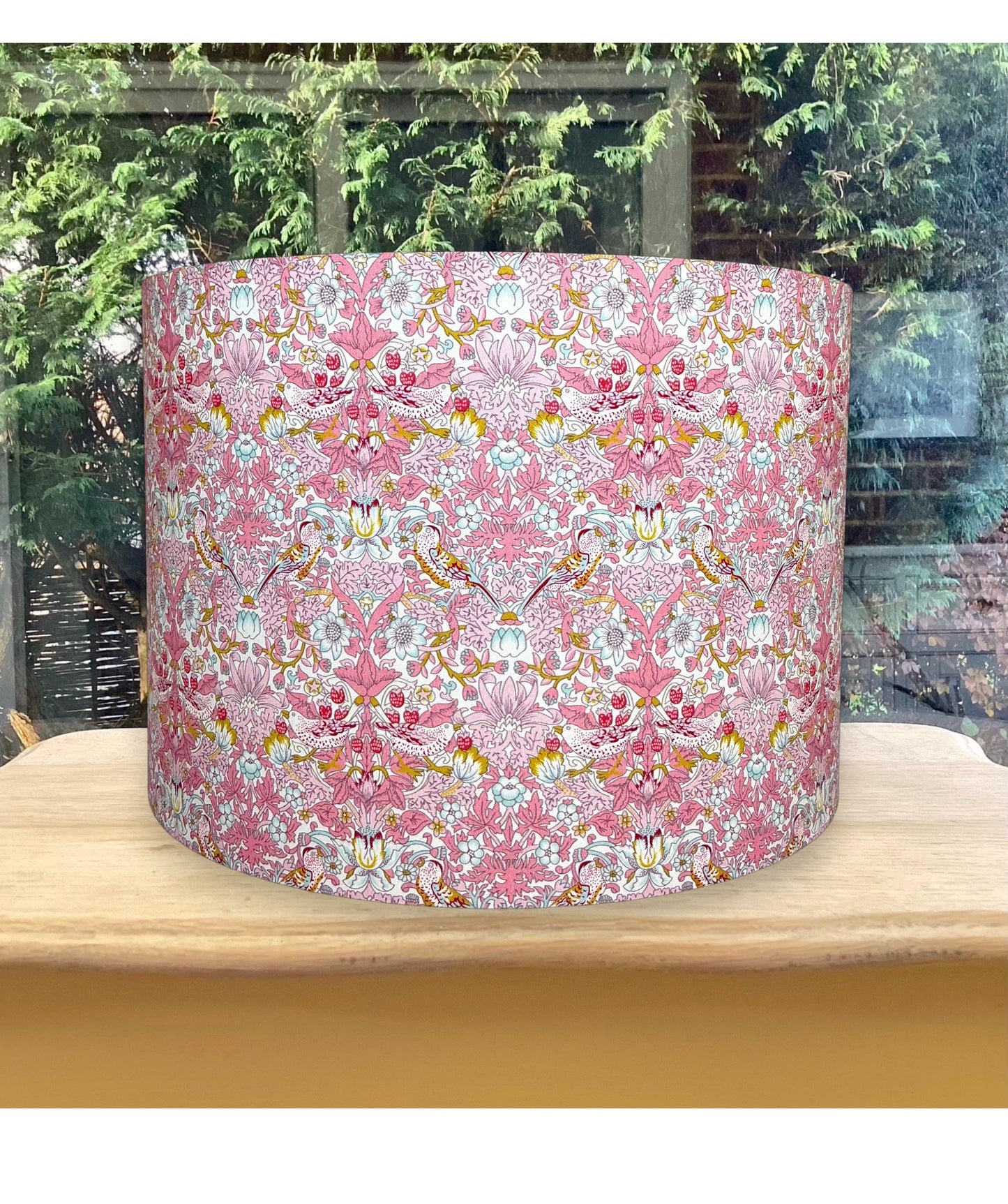 William Morris Strawberry Thief Lampshade – Botanical Bird Print in Pink