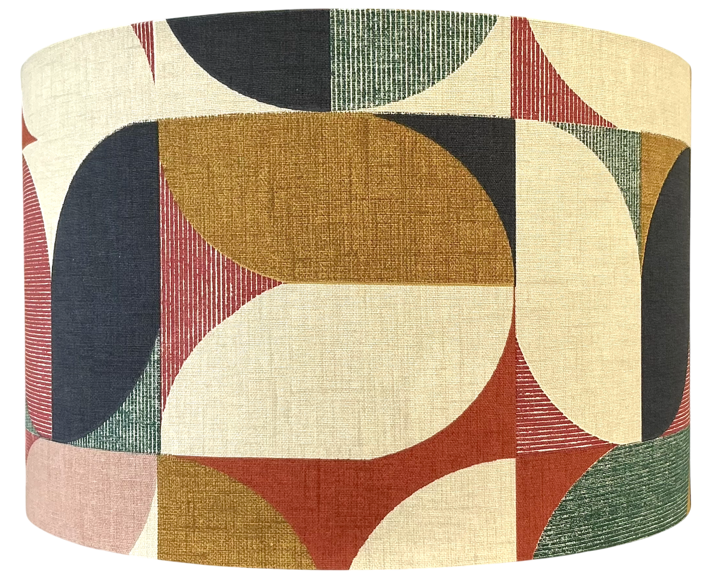 Geometric Drum Lampshade – Mid Century Modern Fabric Shade in Mustard, Rust, Blush & Navy