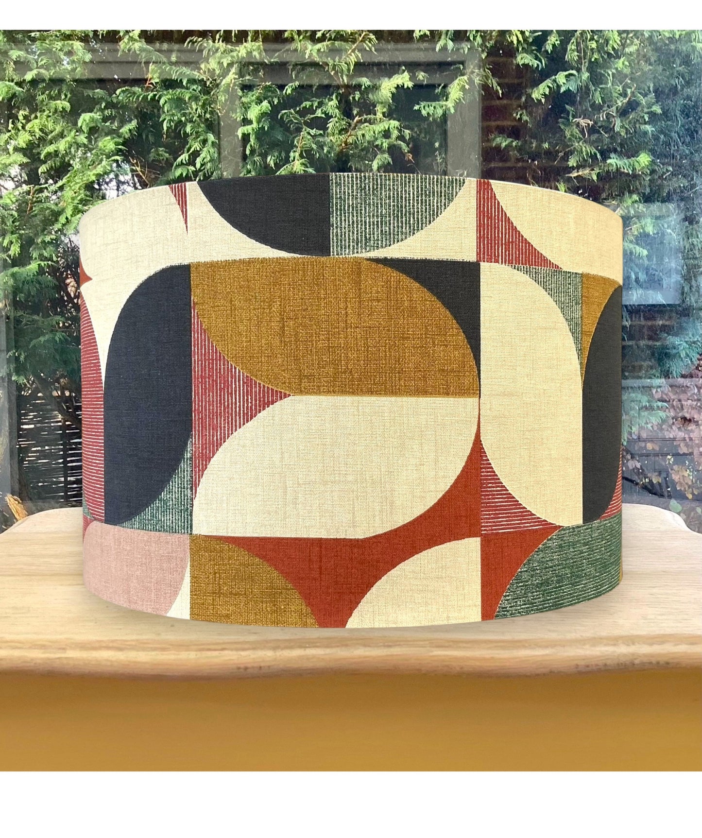Geometric Drum Lampshade – Mid Century Modern Fabric Shade in Mustard, Rust, Blush & Navy