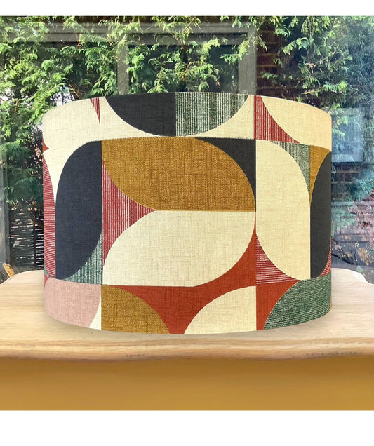 Geometric Drum Lampshade – Mid Century Modern Fabric Shade in Mustard, Rust, Blush & Navy