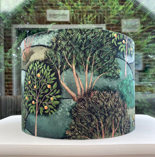 Summer Meadow Trees Green lampshade by Lampshades of Ellie, showcasing a nature-inspired design with vibrant green tones and delicate tree patterns, perfect for adding a fresh, organic touch to your home decor.