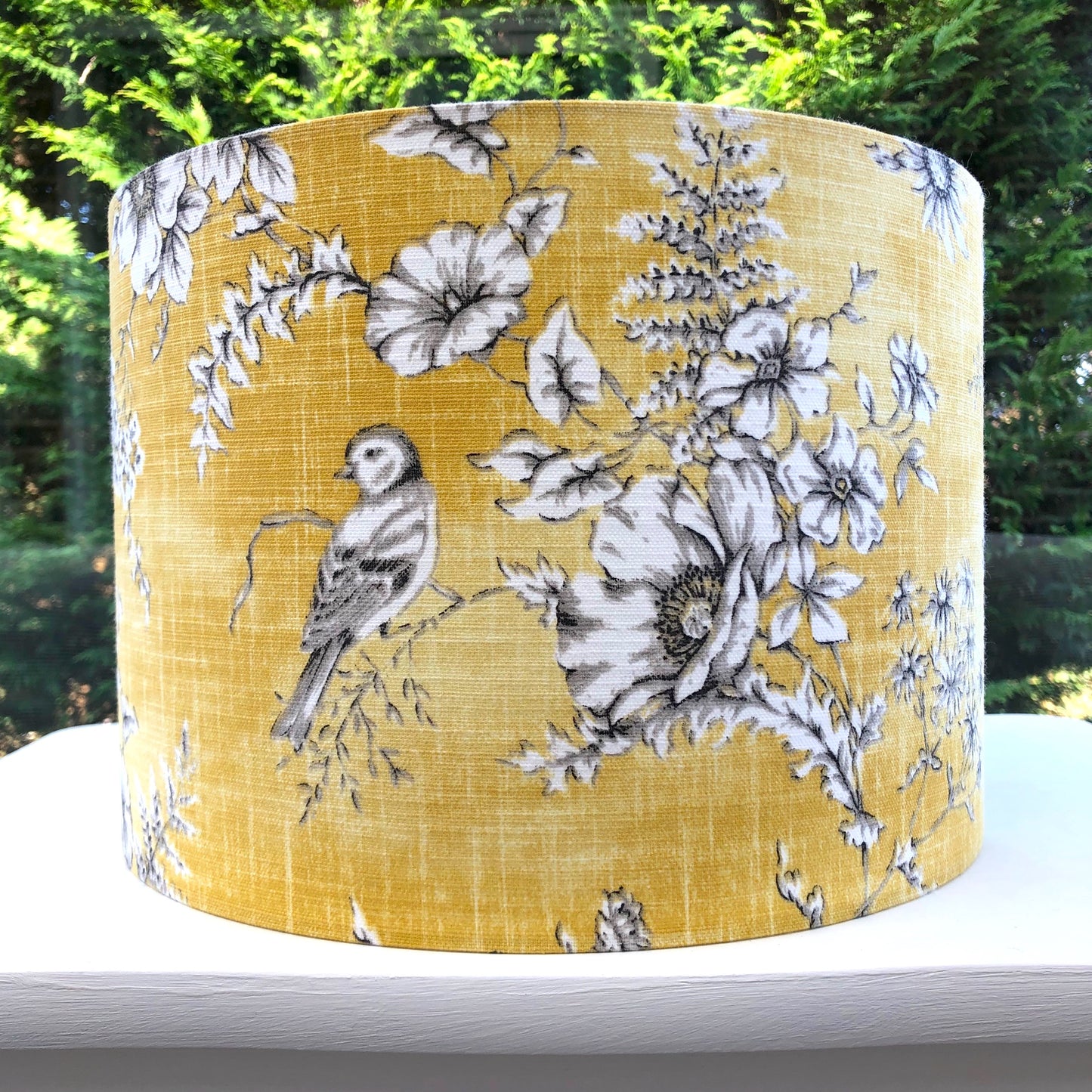 Toile mustard floral lampshade with bird pattern – handcrafted design perfect for elegant and stylish home decor lighting.