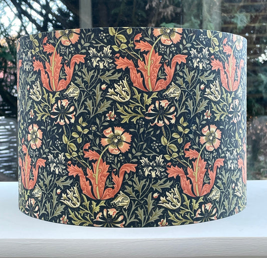 William Morris Compton lampshade in cinnamon slate color with intricate floral pattern, handcrafted for vintage-inspired home decor.