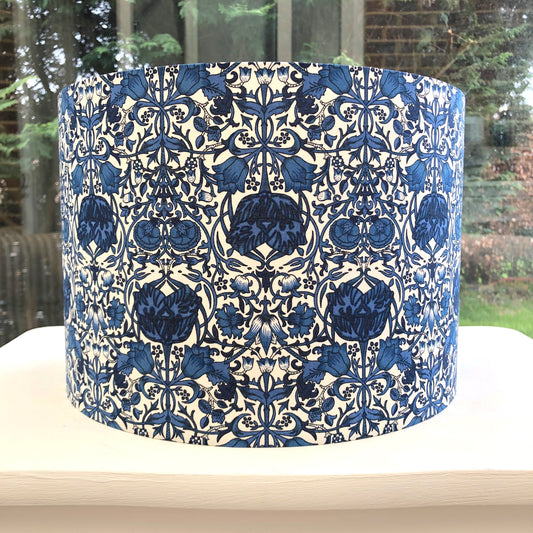 William Morris Lodden Navy Blue lampshade with intricate floral design, handcrafted for a timeless, sophisticated look. Perfect for adding vintage charm and elegance to your home decor.