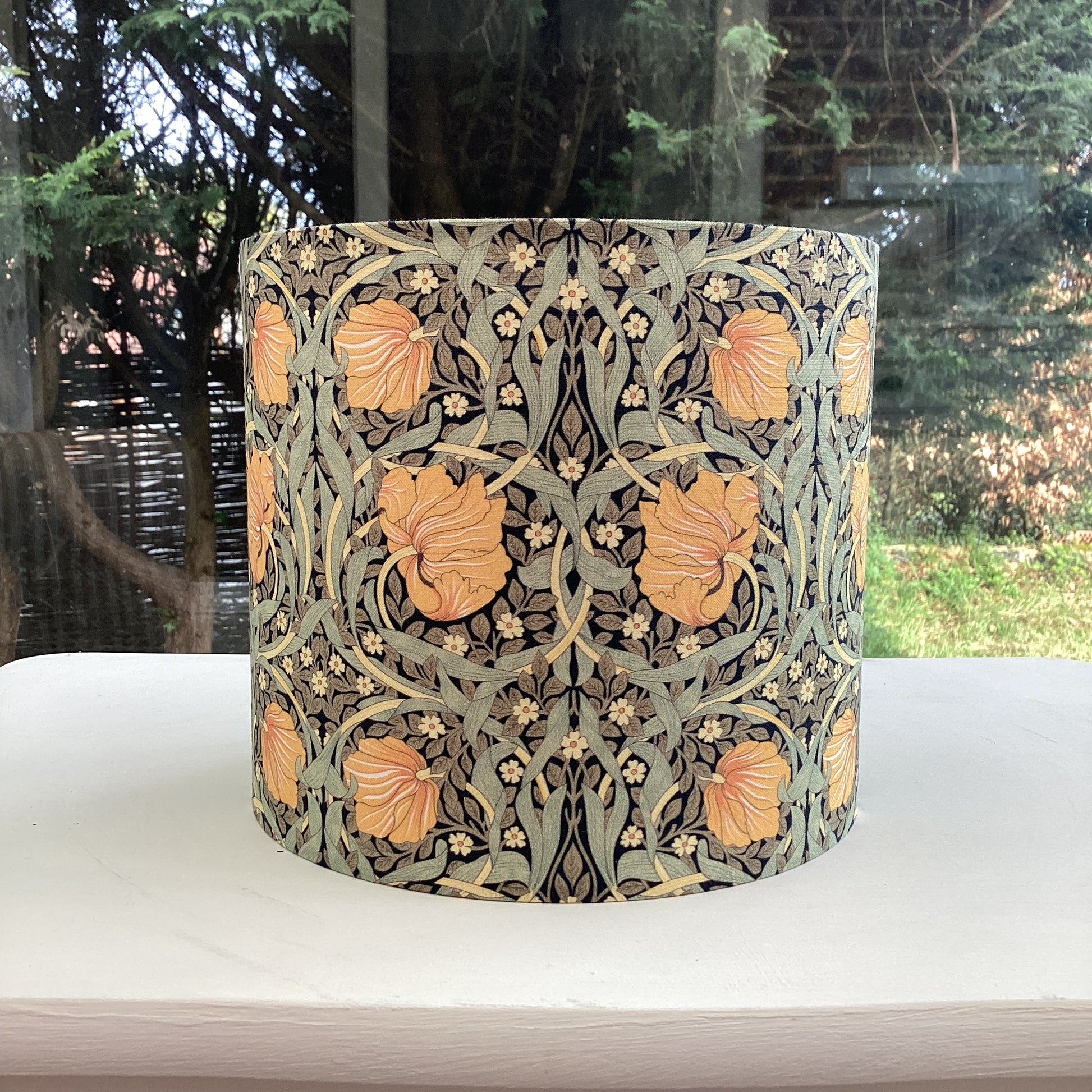 William Morris Pimpernel lampshade in green and mustard, featuring a classic Arts and Crafts floral design, perfect for vintage or contemporary interiors.