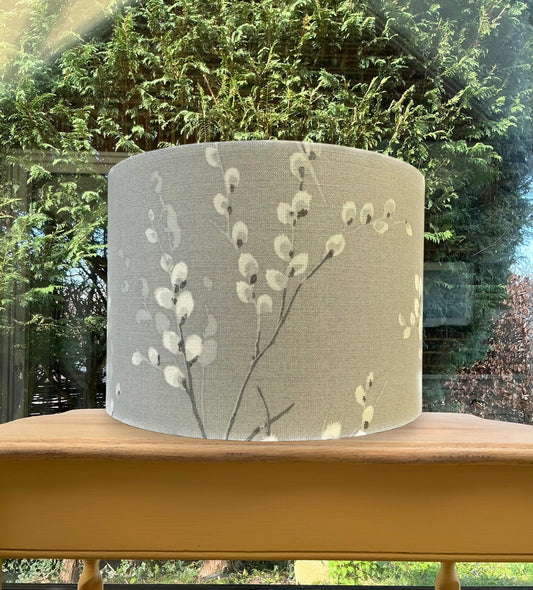 Grey Pussy Willow Drum Lampshade | Neutral Botanical Print