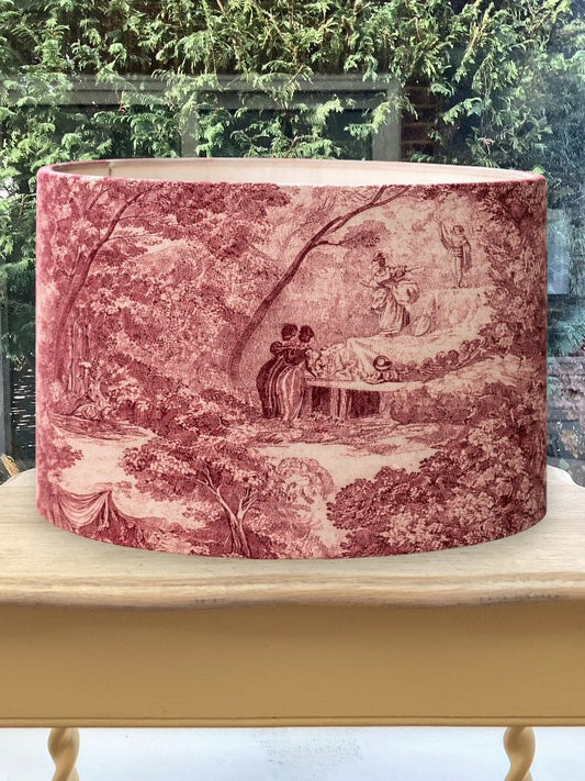 Burgundy Toile Scenic Drum Lampshade, Country Cottage Style